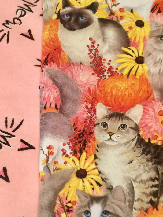 Beautiful cat, kitten and flowers and “meow” reversible blanket