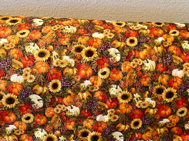 Beautiful rich fall blanket featuring pumpkins and sunflowers