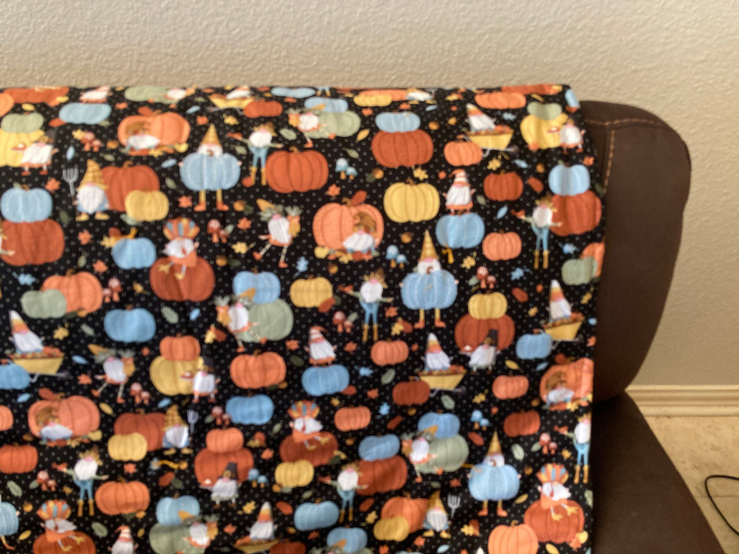 A fun gnomes, pumpkins and fall blanket